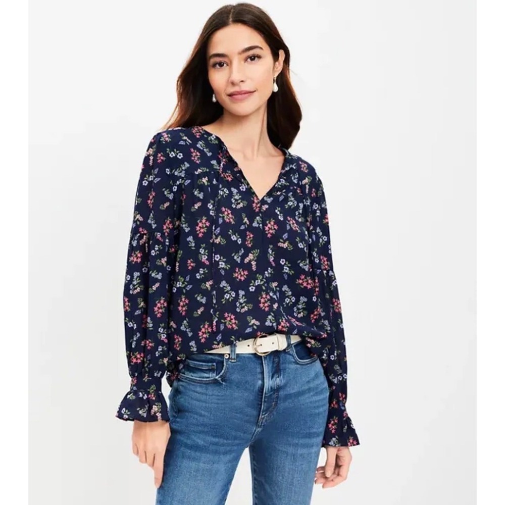 LOFT Navy Floral Split Neck Tie Blouse Long Sleeve Ruffle Cuff Top Small